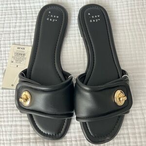 A New Day Black Slide Sandals with Gold Accent